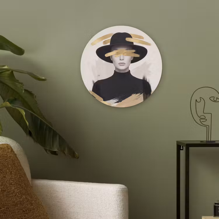 Vrouw - Portret - Modern - Goud - Kunst Akoestische PET Vilt - Rond klein -sfeer2