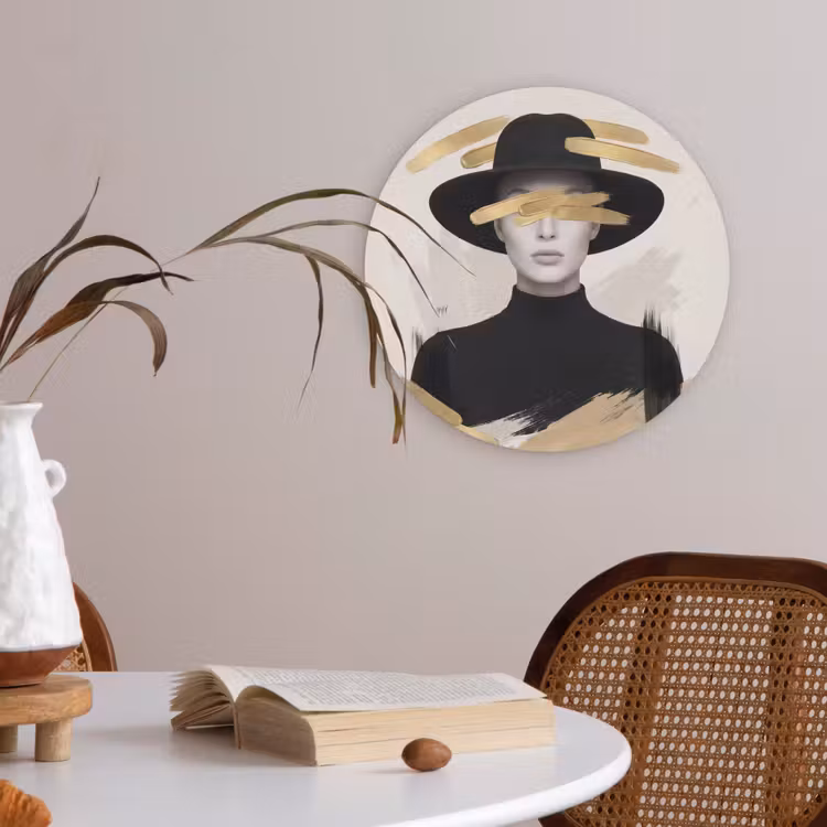 Vrouw - Portret - Modern - Goud - Kunst Akoestische PET Vilt - Rond klein -sfeer3