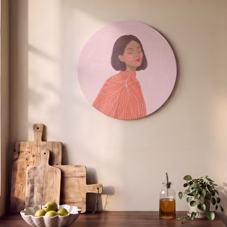 Vrouw - Portret - Modern - Kunst - Roze Akoestische PET Vilt - Rond klein -sfeer2
