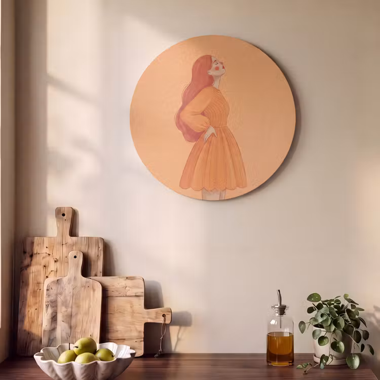 Vrouw - Profiel - Mensen - Modern - Oranje Akoestische PET Vilt - Rond klein -sfeer2