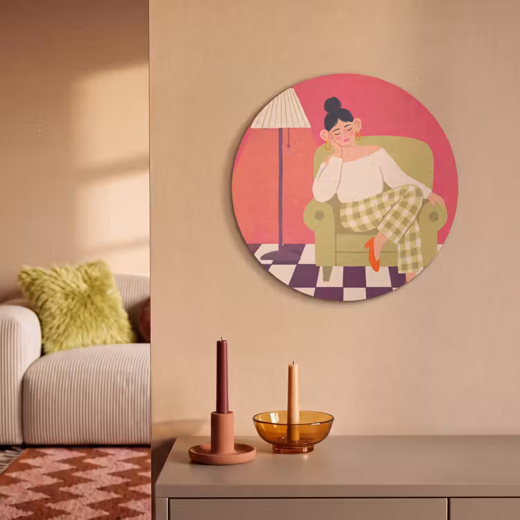 Vrouw - Rust - Interieur - Modern - Kunst Akoestische PET Vilt - Rond klein -sfeer1