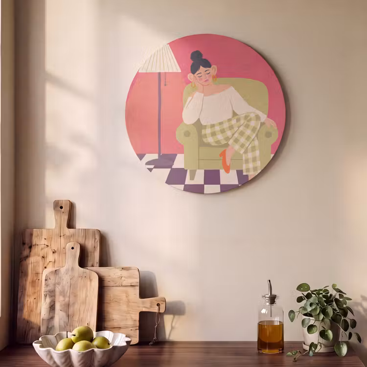 Vrouw - Rust - Interieur - Modern - Kunst Akoestische PET Vilt - Rond klein -sfeer2