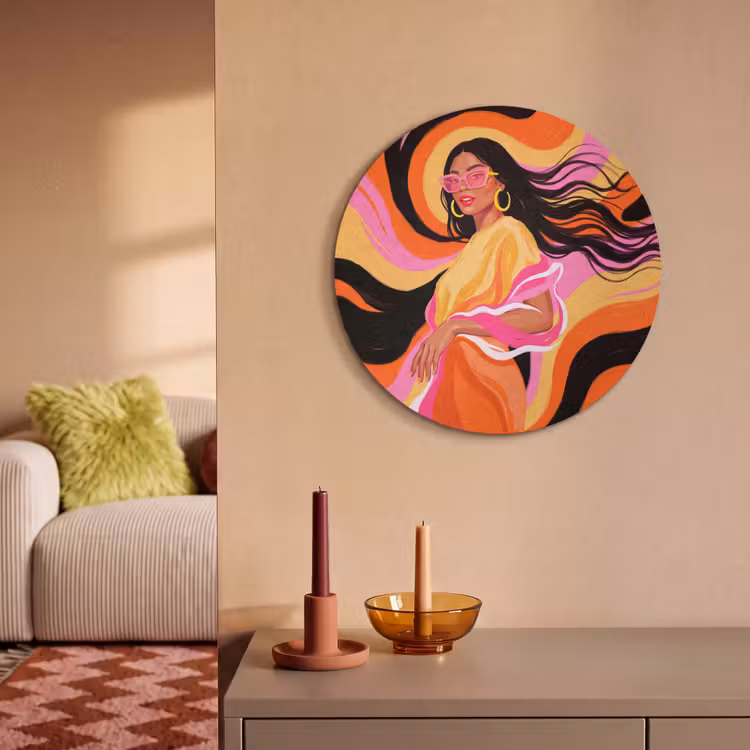 Vrouw - Zonnebril - Abstract - Kleurrijk Akoestische PET Vilt - Rond klein -sfeer1