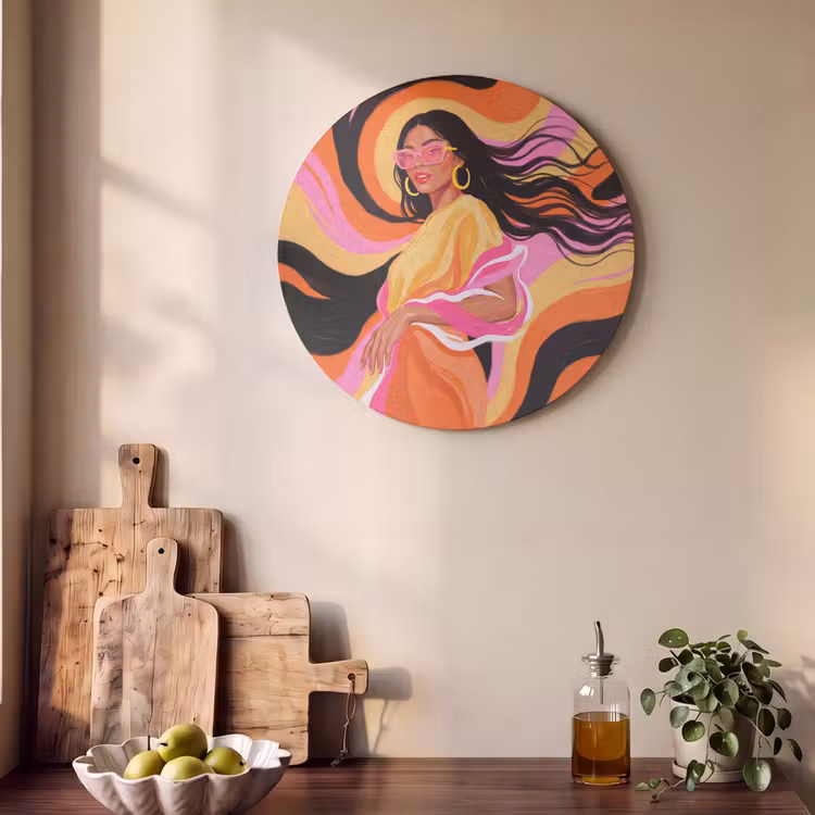 Vrouw - Zonnebril - Abstract - Kleurrijk Akoestische PET Vilt - Rond klein -sfeer2