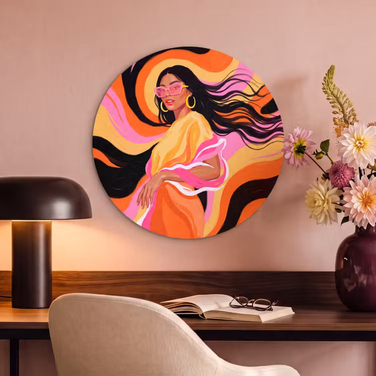 Vrouw - Zonnebril - Abstract - Kleurrijk Akoestische PET Vilt - Rond klein -sfeer3
