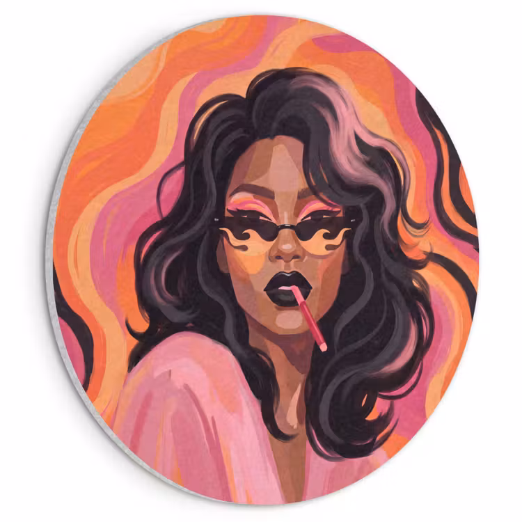 Vrouw - Zonnebril - Modern - Portret - Oranje Akoestische PET Vilt - Rond klein -3d