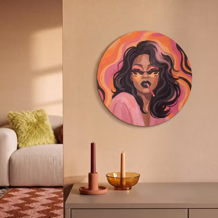Vrouw - Zonnebril - Modern - Portret - Oranje Akoestische PET Vilt - Rond klein -sfeer1
