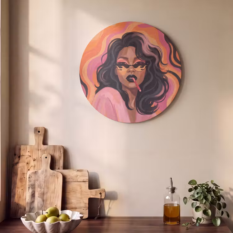 Vrouw - Zonnebril - Modern - Portret - Oranje Akoestische PET Vilt - Rond klein -sfeer2
