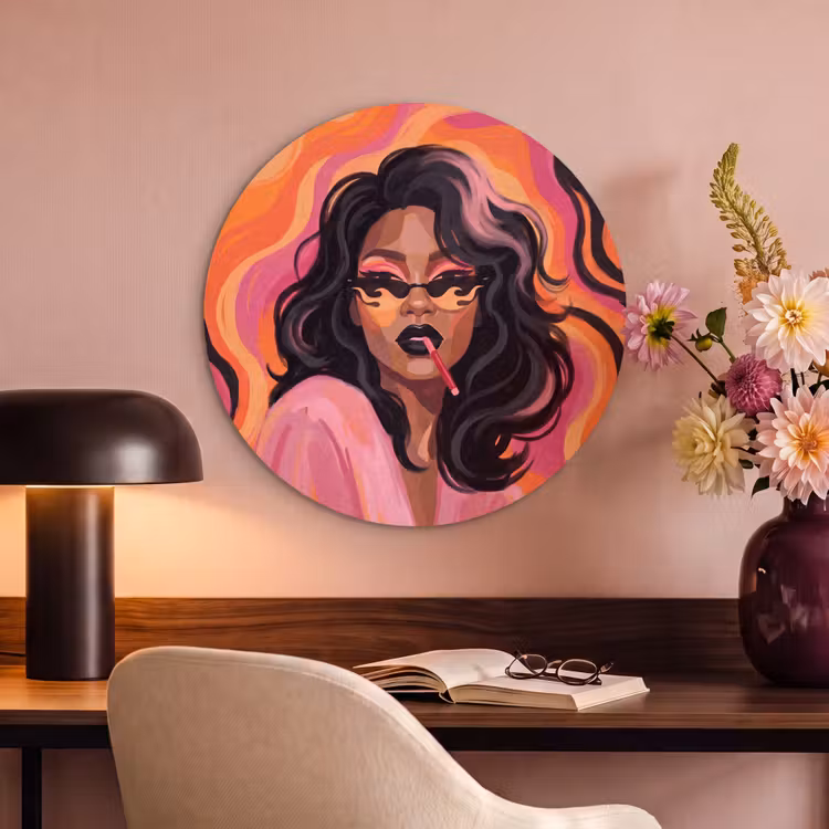 Vrouw - Zonnebril - Modern - Portret - Oranje Akoestische PET Vilt - Rond klein -sfeer3