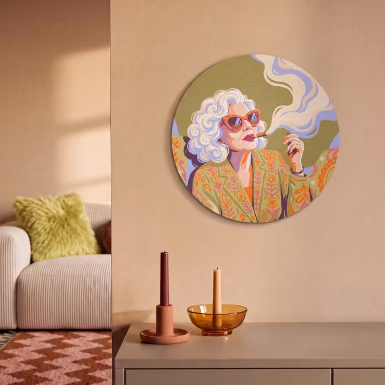Vrouw - Zonnebril - Portret - Modern - Kleurrijk Akoestische PET Vilt - Rond klein -sfeer1