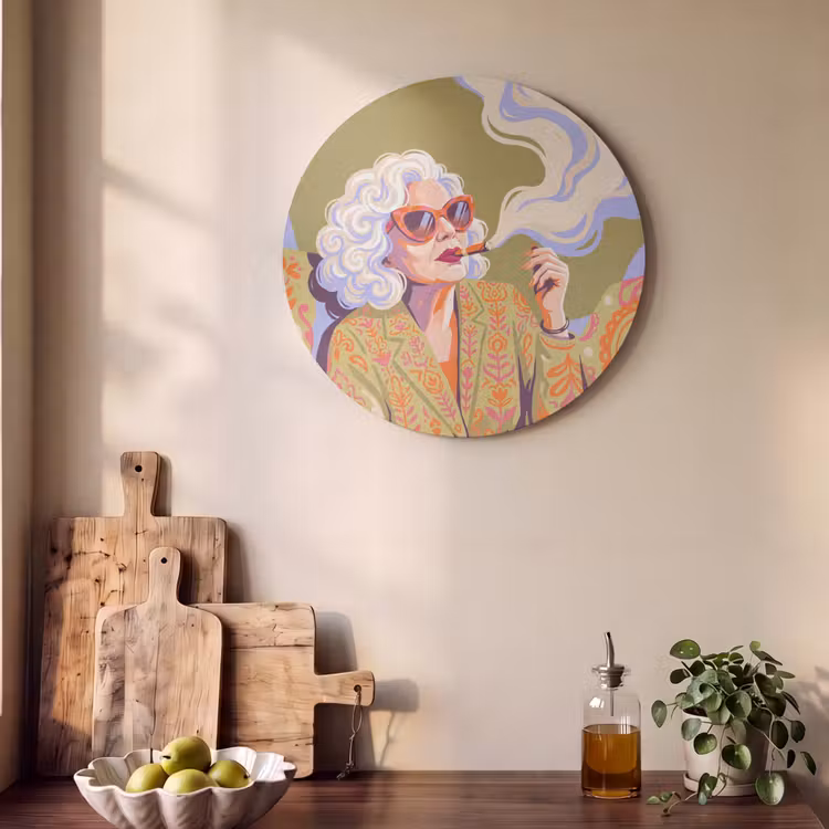 Vrouw - Zonnebril - Portret - Modern - Kleurrijk Akoestische PET Vilt - Rond klein -sfeer2