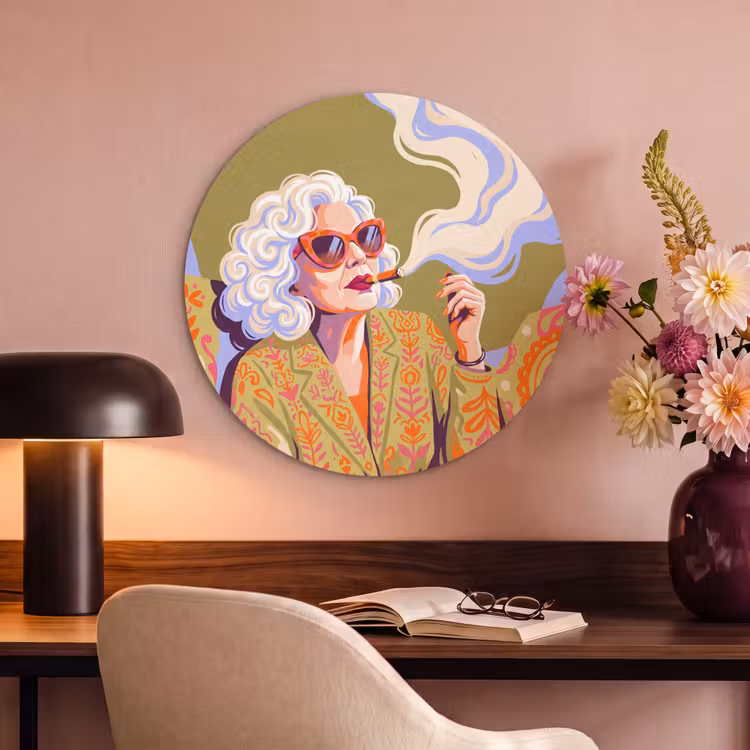 Vrouw - Zonnebril - Portret - Modern - Kleurrijk Akoestische PET Vilt - Rond klein -sfeer3
