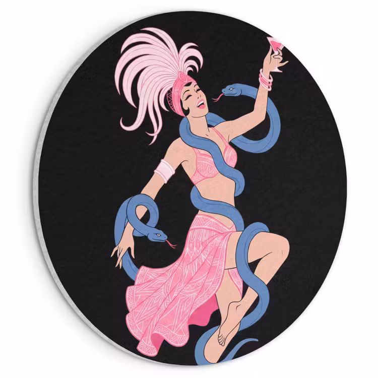 Vrouw - Danseres - Slangen - Art Deco - Roze Akoestische PET Vilt - Rond klein -3d