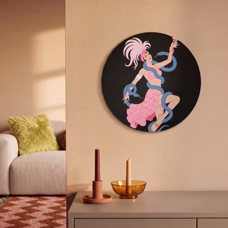 Vrouw - Danseres - Slangen - Art Deco - Roze Akoestische PET Vilt - Rond klein -sfeer1