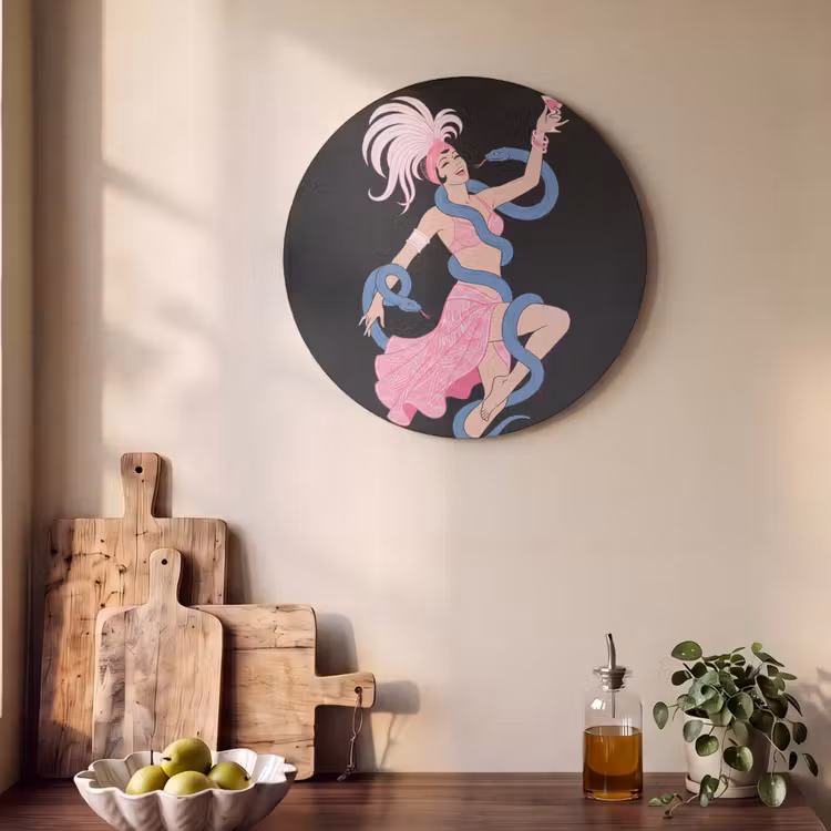 Vrouw - Danseres - Slangen - Art Deco - Roze Akoestische PET Vilt - Rond klein -sfeer2