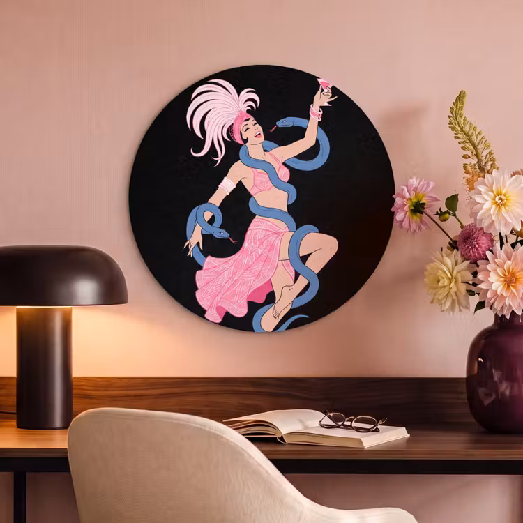 Vrouw - Danseres - Slangen - Art Deco - Roze Akoestische PET Vilt - Rond klein -sfeer3