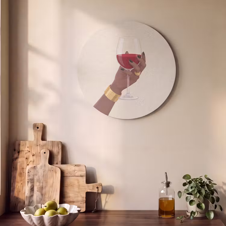 Vrouw - Wijn - Glas - Illustratie - Rood Akoestische PET Vilt - Rond klein -sfeer2