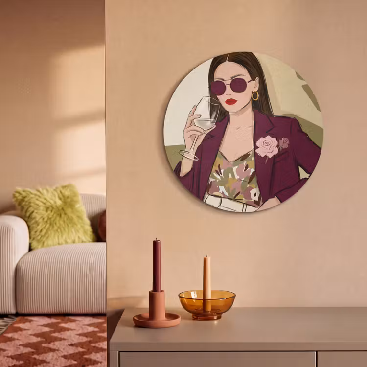 Vrouw - Wijn - Portret - Mode - Modern Akoestische PET Vilt - Rond klein -sfeer1