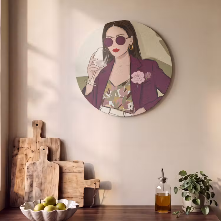Vrouw - Wijn - Portret - Mode - Modern Akoestische PET Vilt - Rond klein -sfeer2