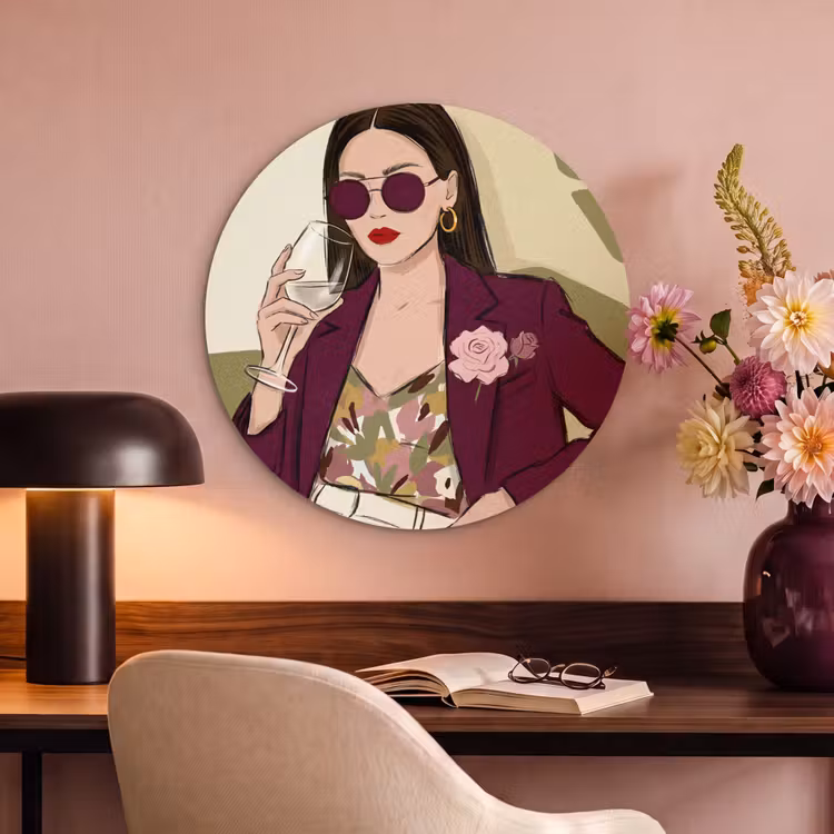 Vrouw - Wijn - Portret - Mode - Modern Akoestische PET Vilt - Rond klein -sfeer3
