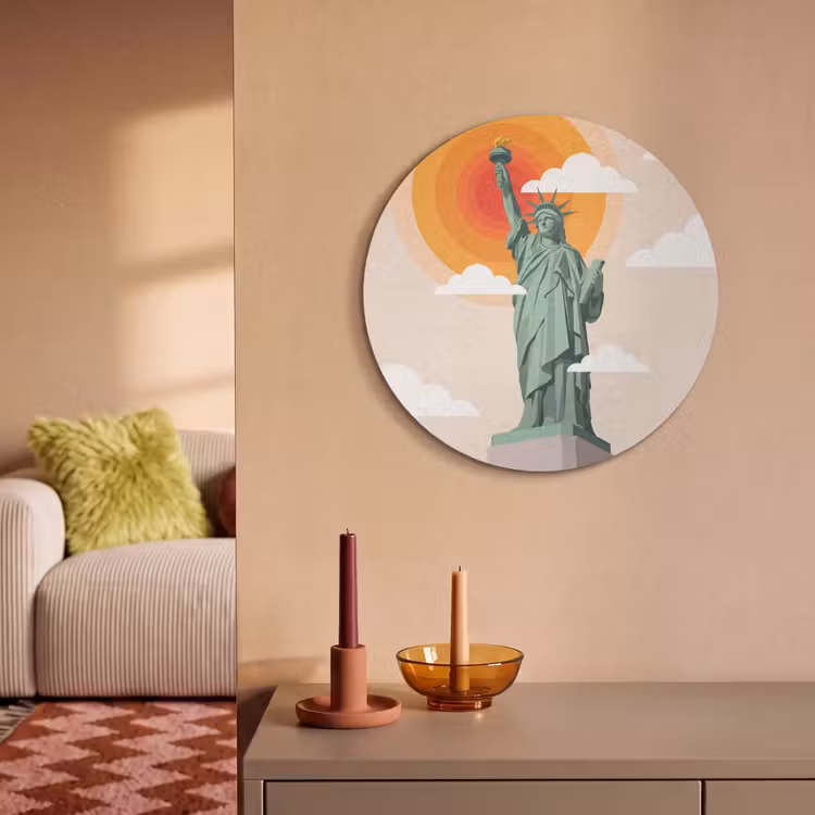 Vrijheidsbeeld - New York - Zon - Modern Akoestische PET Vilt - Rond klein -sfeer1
