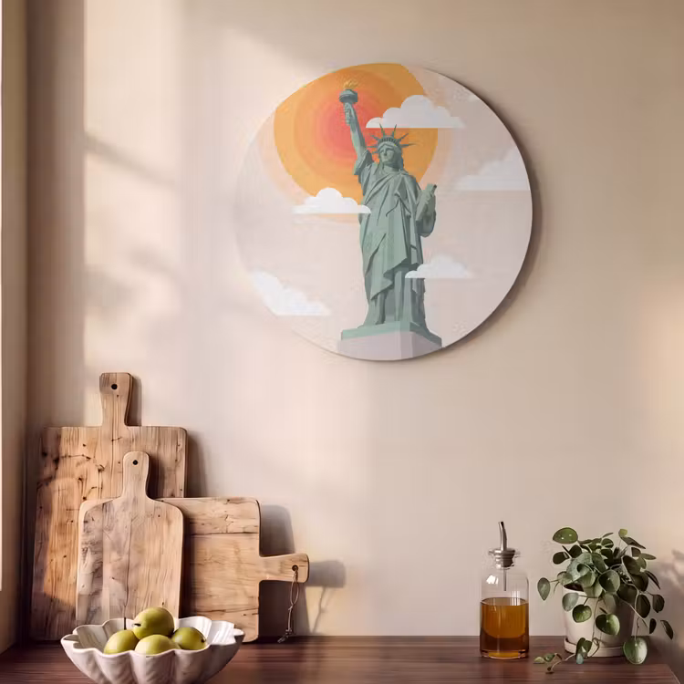 Vrijheidsbeeld - New York - Zon - Modern Akoestische PET Vilt - Rond klein -sfeer2