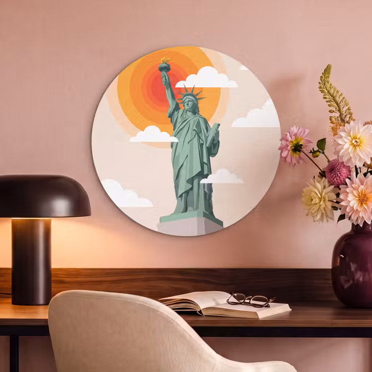 Vrijheidsbeeld - New York - Zon - Modern Akoestische PET Vilt - Rond klein -sfeer3