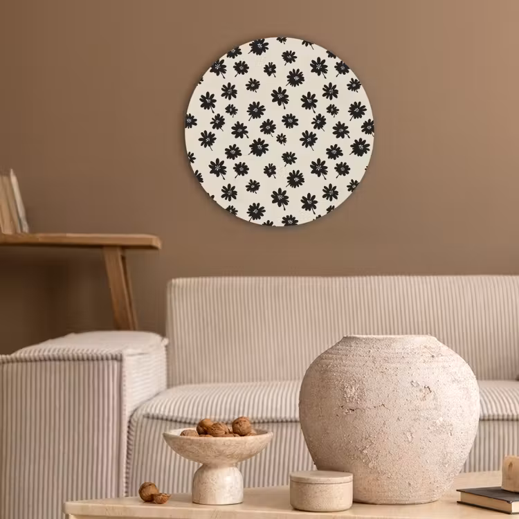 Madeliefjes - Grafisch - Zwart - Beige Akoestische PET Vilt - Rond klein 838 -sfeer1
