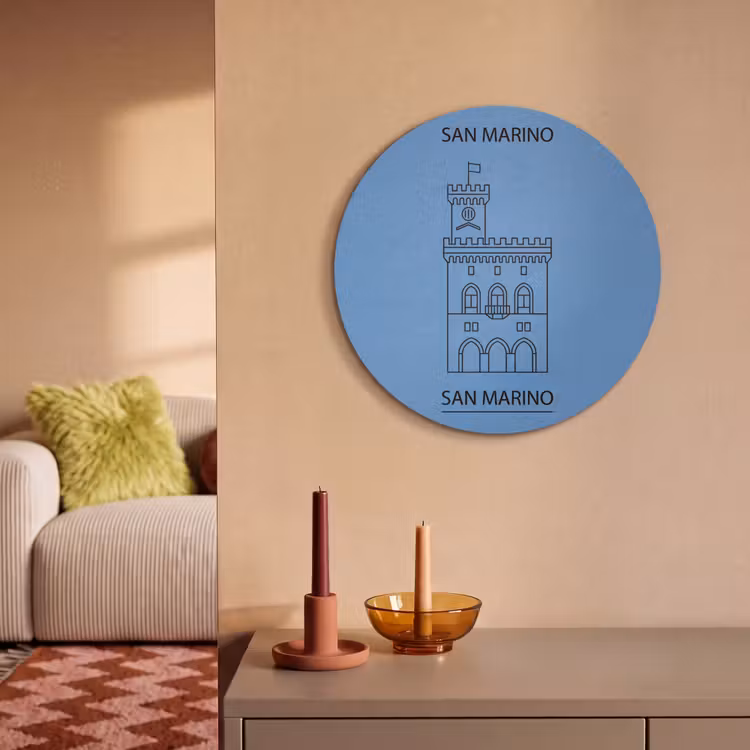 Gebouw - San Marino - Architectuur - Lijntekening - Blauw Akoestische PET Vilt - Rond klein -sfeer1