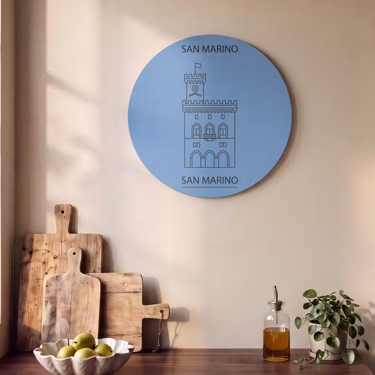 Gebouw - San Marino - Architectuur - Lijntekening - Blauw Akoestische PET Vilt - Rond klein -sfeer2