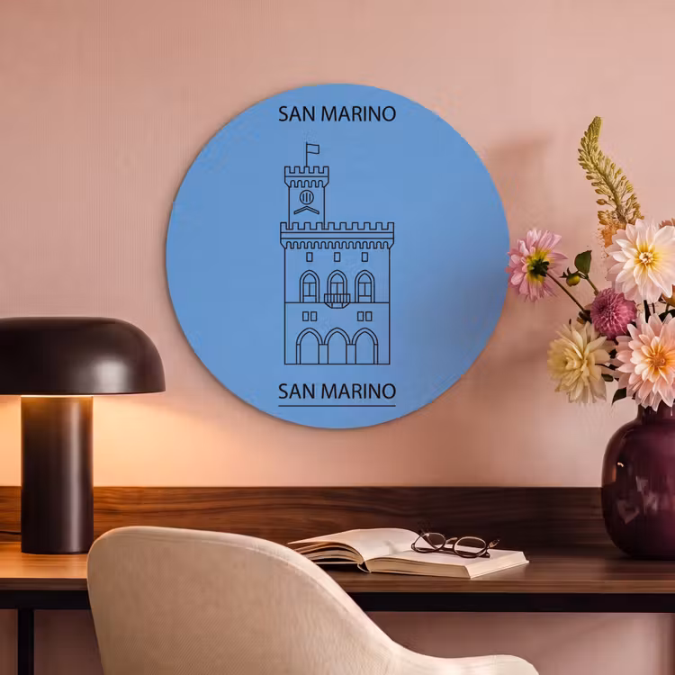 Gebouw - San Marino - Architectuur - Lijntekening - Blauw Akoestische PET Vilt - Rond klein -sfeer3