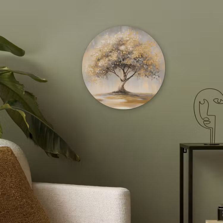 Schilderij - Boom - Abstract - Bladeren Akoestische PET Vilt - Rond klein -sfeer2