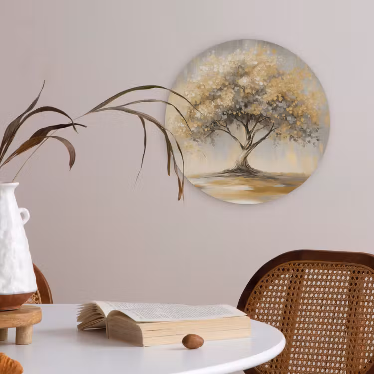 Schilderij - Boom - Abstract - Bladeren Akoestische PET Vilt - Rond klein -sfeer3