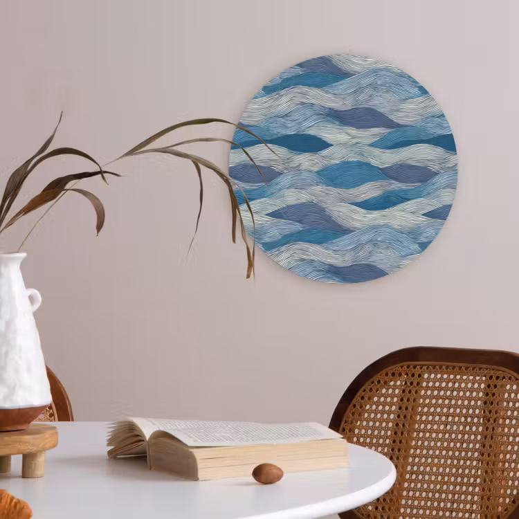 Getekend - Blauw - Wit - Golvend - Streepjes Akoestische PET Vilt - Rond klein 838 -sfeer3