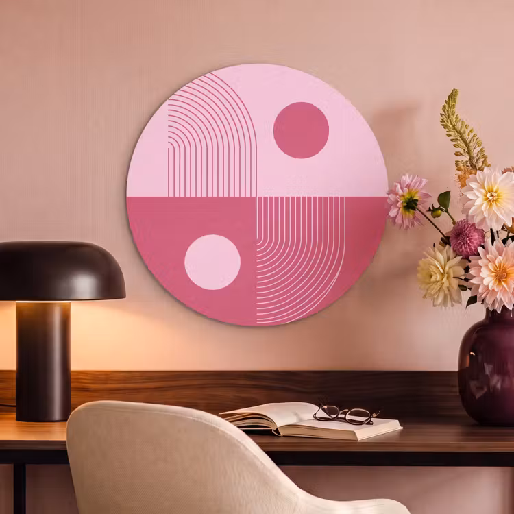 Geometrie - Patroon - Abstract - Roze - Modern Akoestische PET Vilt - Rond klein -sfeer3