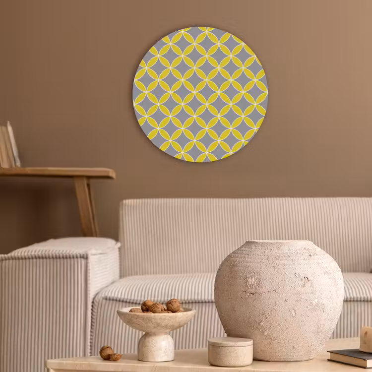 Geometrisch - Cirkels - Modern - Grijs - Geel Akoestische PET Vilt - Rond klein 838 -sfeer1