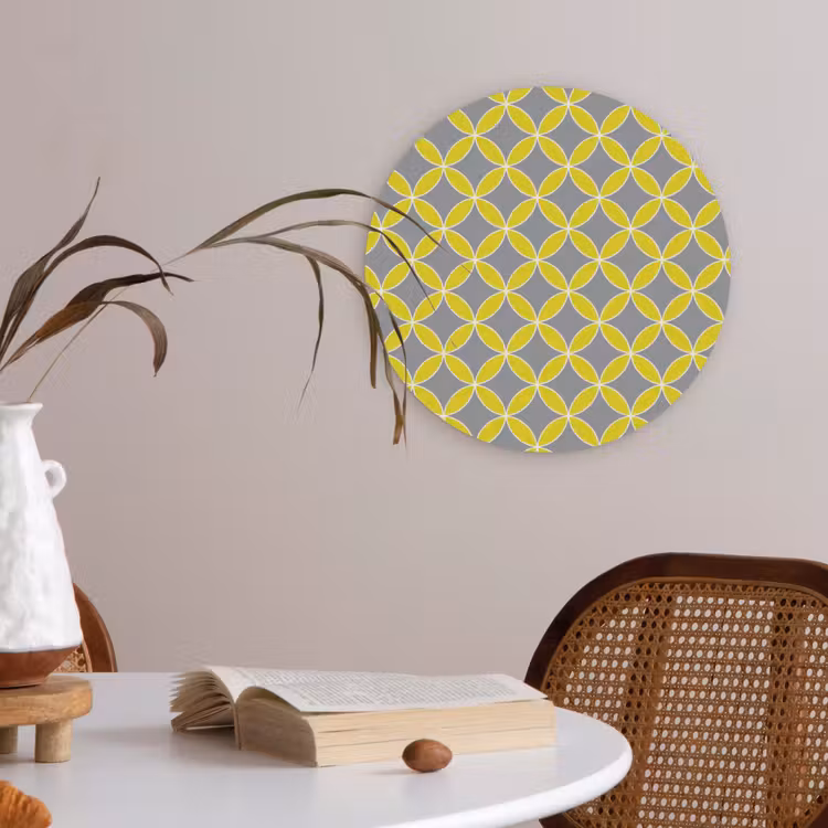 Geometrisch - Cirkels - Modern - Grijs - Geel Akoestische PET Vilt - Rond klein 838 -sfeer3