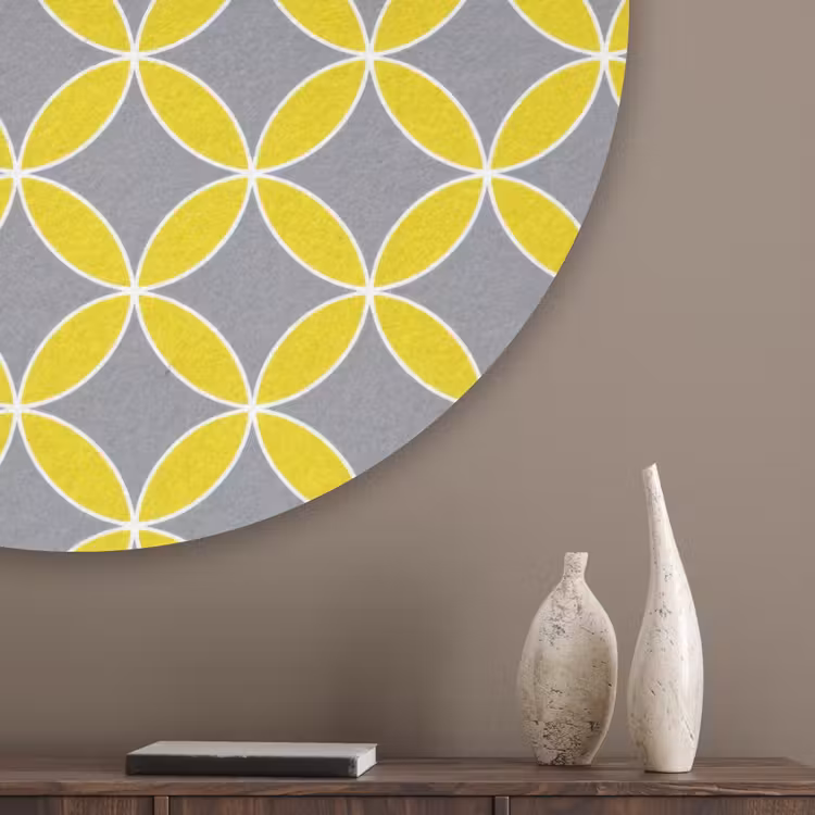 Geometrisch - Cirkels - Modern - Grijs - Geel Akoestische PET Vilt - Rond klein 838 -sfeer5_closeup
