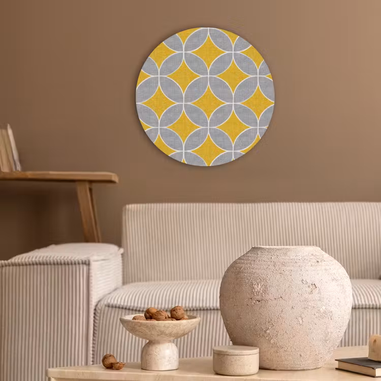 Geometrisch - Cirkels - Textuur - Grijs - Geel Akoestische PET Vilt - Rond klein 838 -sfeer1