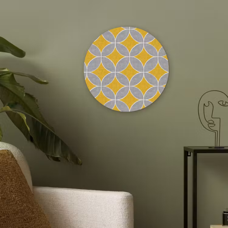 Geometrisch - Cirkels - Textuur - Grijs - Geel Akoestische PET Vilt - Rond klein 838 -sfeer2