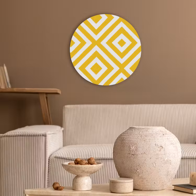 Geometrisch - Lijnen - Modern - Geel - Wit Akoestische PET Vilt - Rond klein 838 -sfeer1
