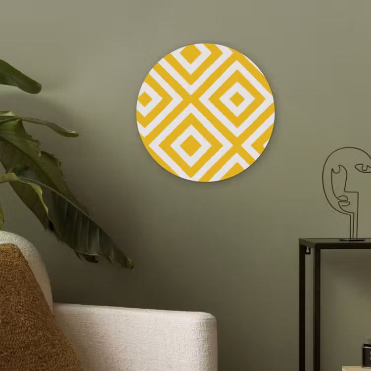 Geometrisch - Lijnen - Modern - Geel - Wit Akoestische PET Vilt - Rond klein 838 -sfeer2