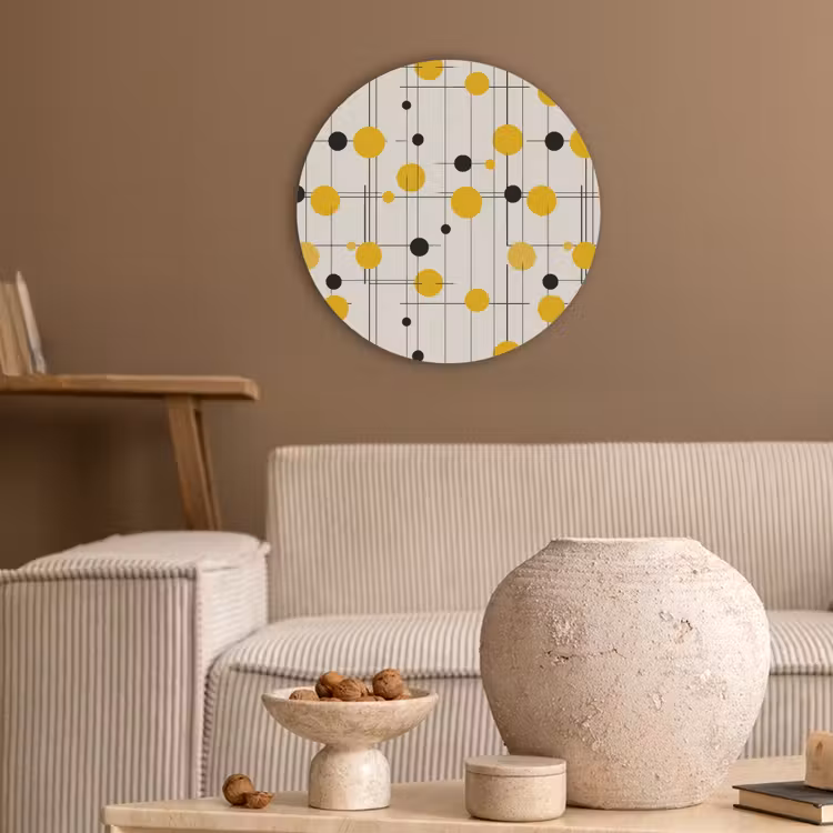 Geometrisch - Retro - Lijnen - Okergeel - Zwart Akoestische PET Vilt - Rond klein 838 -sfeer1