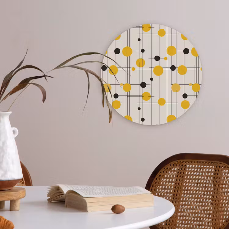 Geometrisch - Retro - Lijnen - Okergeel - Zwart Akoestische PET Vilt - Rond klein 838 -sfeer3