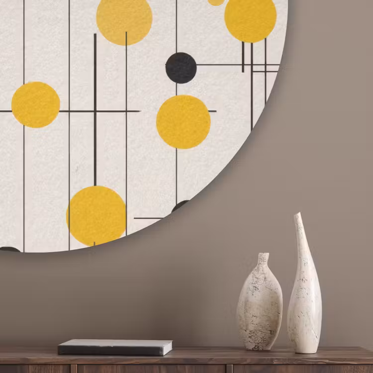 Geometrisch - Retro - Lijnen - Okergeel - Zwart Akoestische PET Vilt - Rond klein 838 -sfeer5_closeup