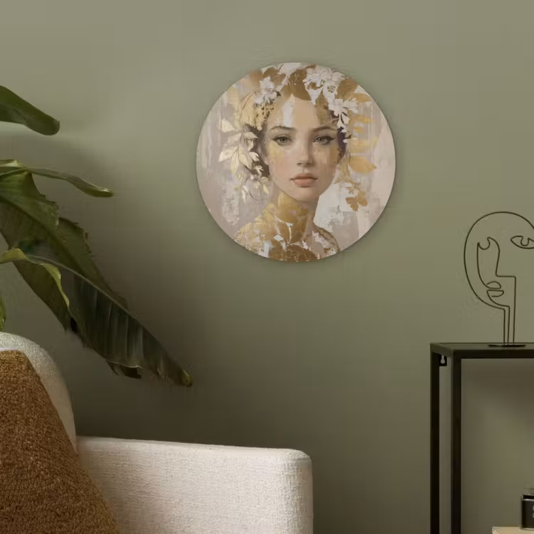 Gezicht - Vrouw - Bladeren - Goud Akoestische PET Vilt - Rond klein -sfeer2