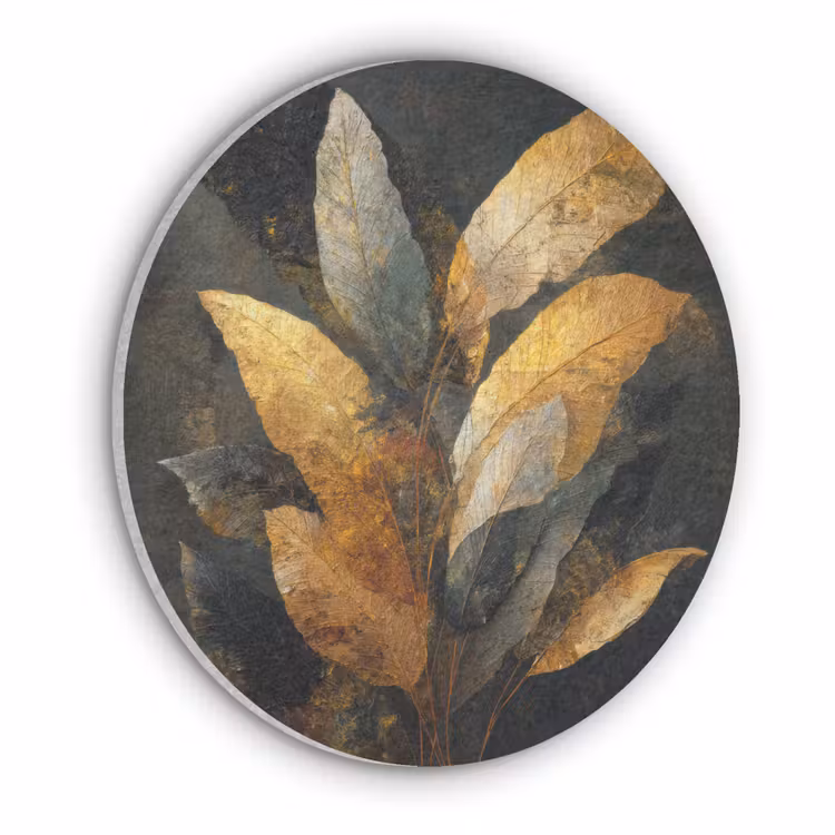 Gouden Bladcompositie – Botanische Luxe Akoestische PET Vilt - Rond klein -3d