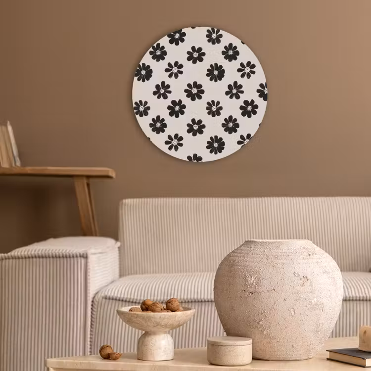 Grafisch - Madeliefjes - Zwart - Beige Akoestische PET Vilt - Rond klein 838 -sfeer1