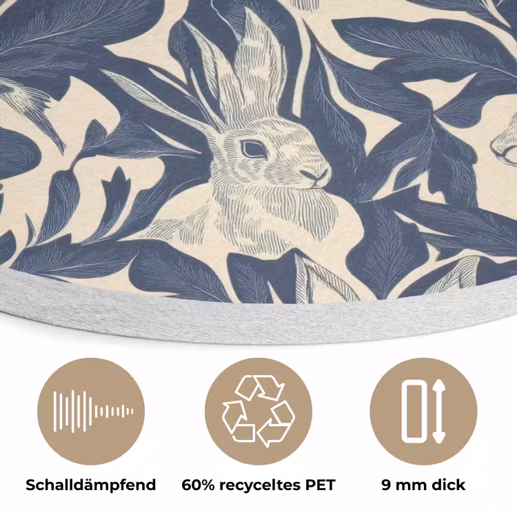 Hazen - Bladeren - Patroon - Blauw - Beige Akoestische PET Vilt - Rond klein 838 -closeup_DE