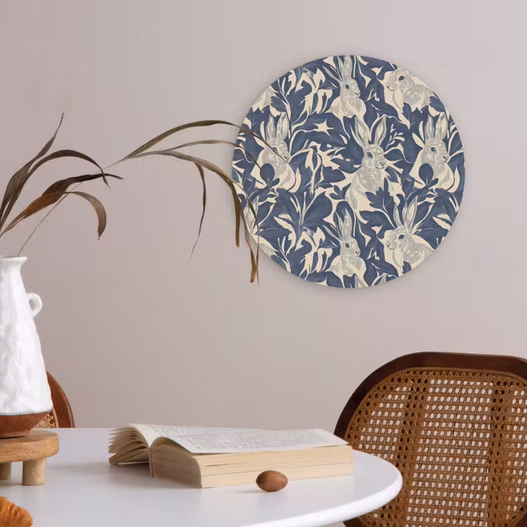 Hazen - Bladeren - Patroon - Blauw - Beige Akoestische PET Vilt - Rond klein 838 -sfeer3